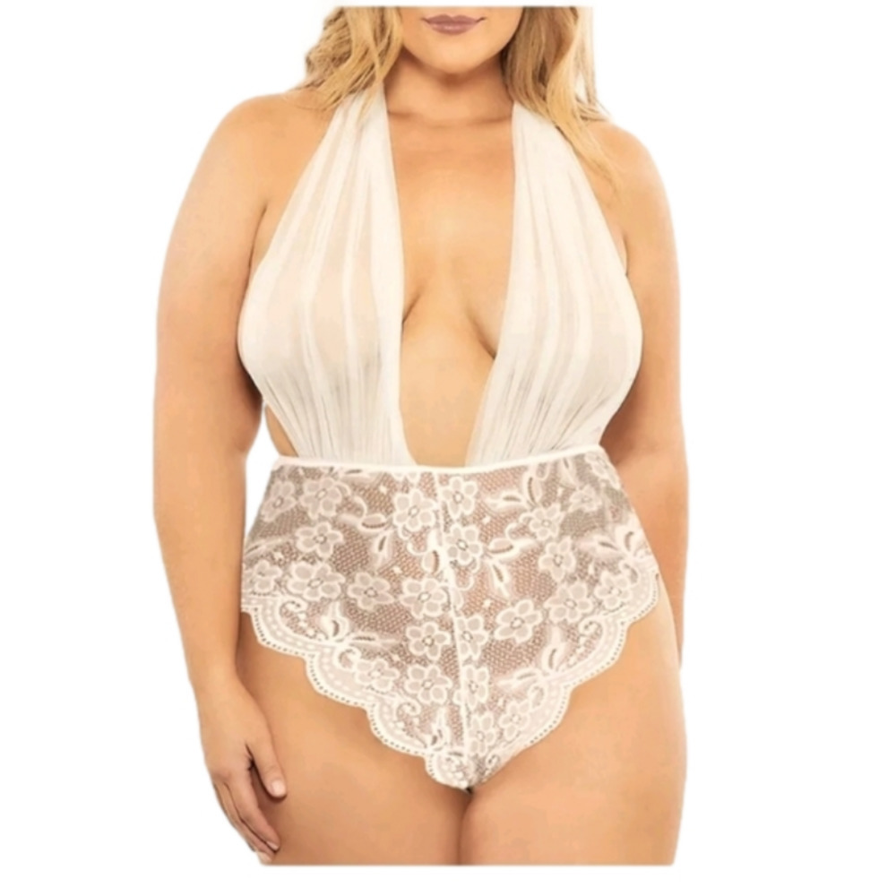 CLEARANCE! Lace Deep V-Neck Teddy Halter Backless Lingerie L -left LaSt One!